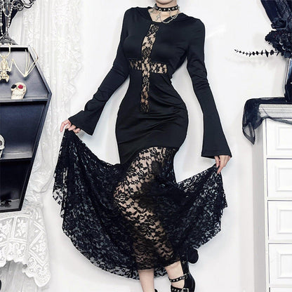 Elegant Hooded Lace Hollow Out Long Sleeve Dress