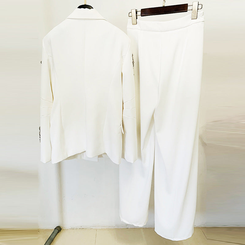 Beaded Blazer and Wide-Leg Pants Set