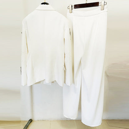 Beaded Blazer and Wide-Leg Pants Set