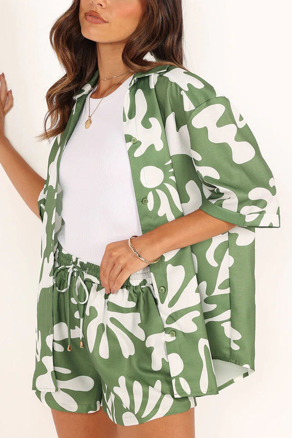 Women'S Clothing New Lapel Printed Short Top+Shorts Set