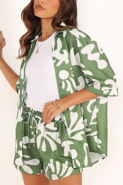 Women'S Clothing New Lapel Printed Short Top+Shorts Set