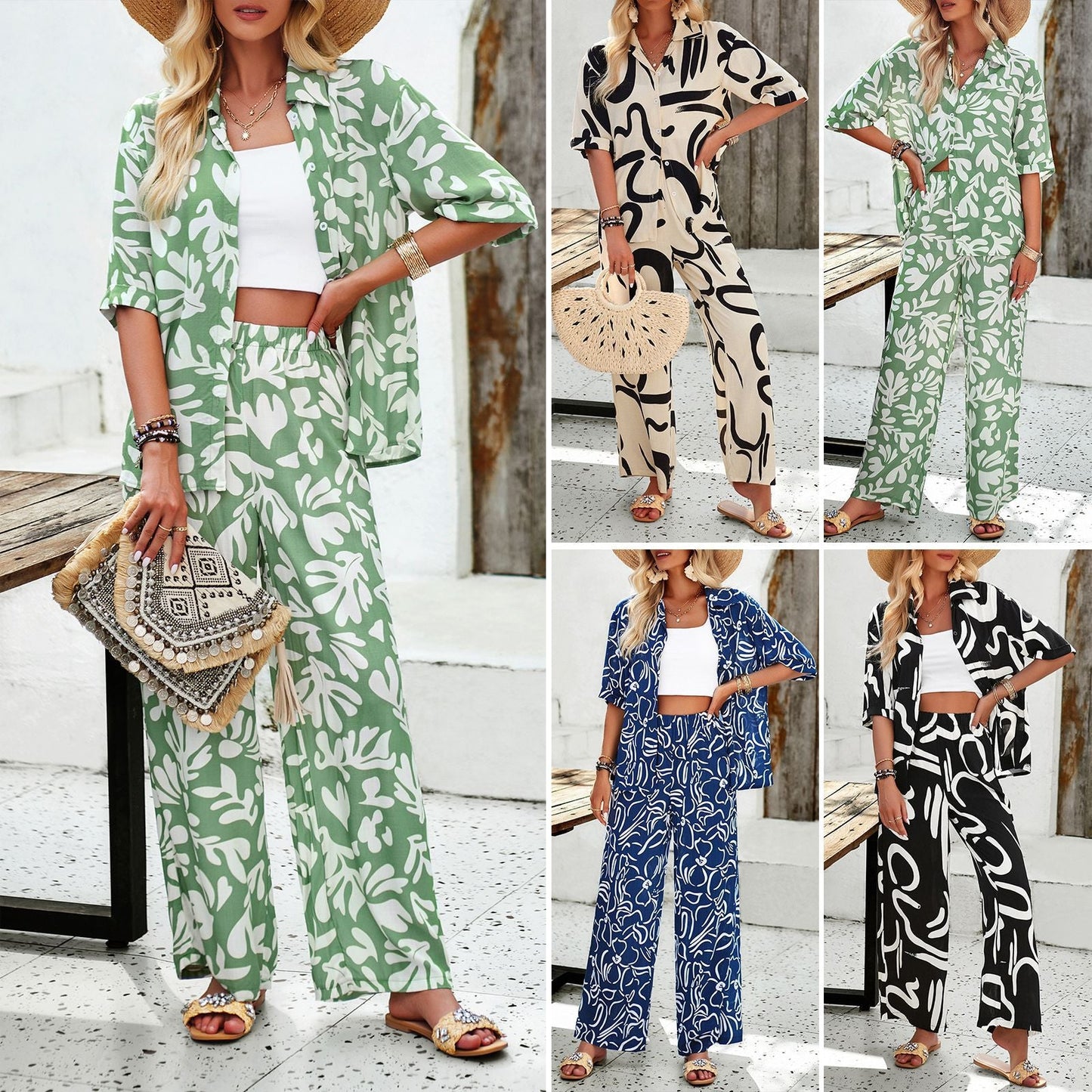 Bohemian Printed Casual Short Sleeve Pants Set