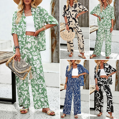 Bohemian Printed Casual Short Sleeve Pants Set