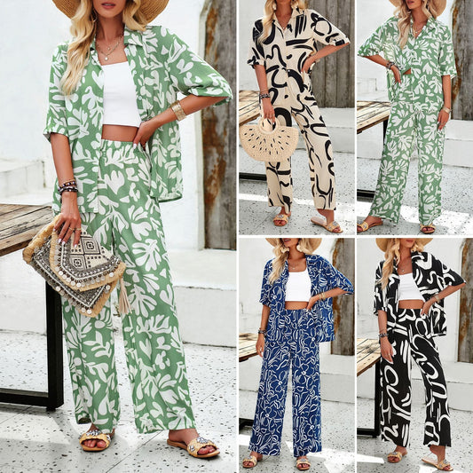 Bohemian Printed Casual Short Sleeve Pants Set