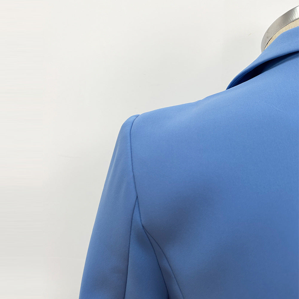 Trendy Double-Breasted Lion Button Blazer in Lake Blue