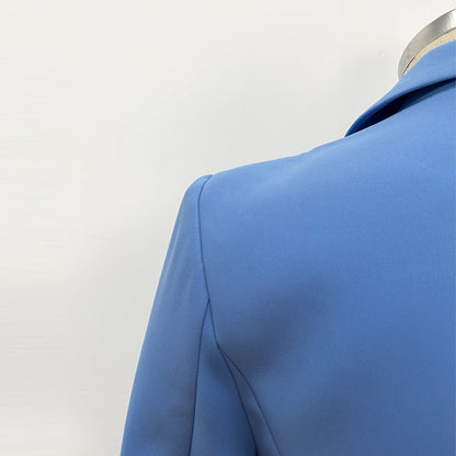 Trendy Double-Breasted Lion Button Blazer in Lake Blue
