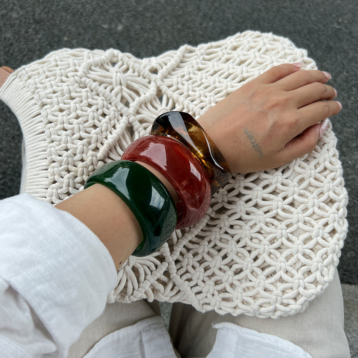 French Vintage Resin Wide Bangle Bracelet with Geometric Design