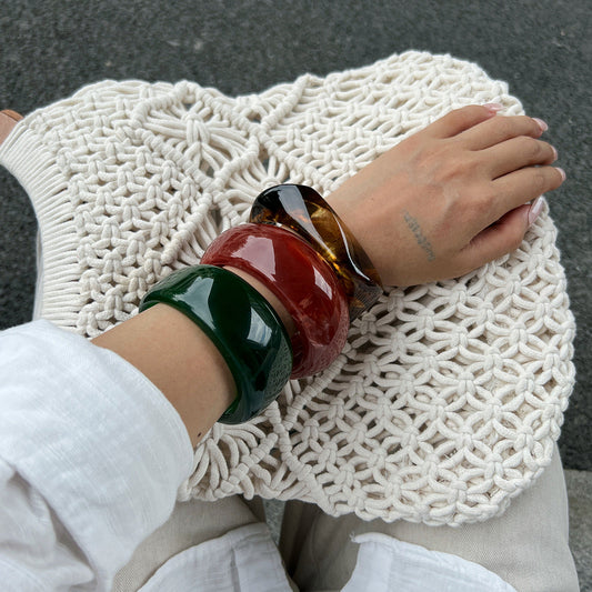 French Vintage Resin Wide Bangle Bracelet with Geometric Design