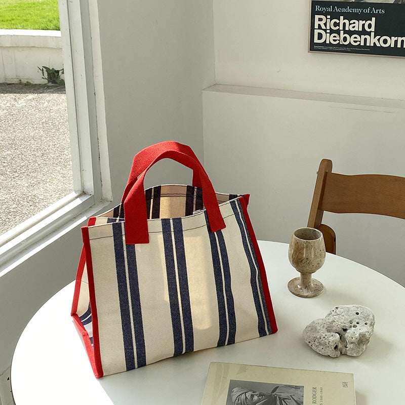 Large Capacity Striped Tote Bag Casual Versatile Canvas Shopping Bag