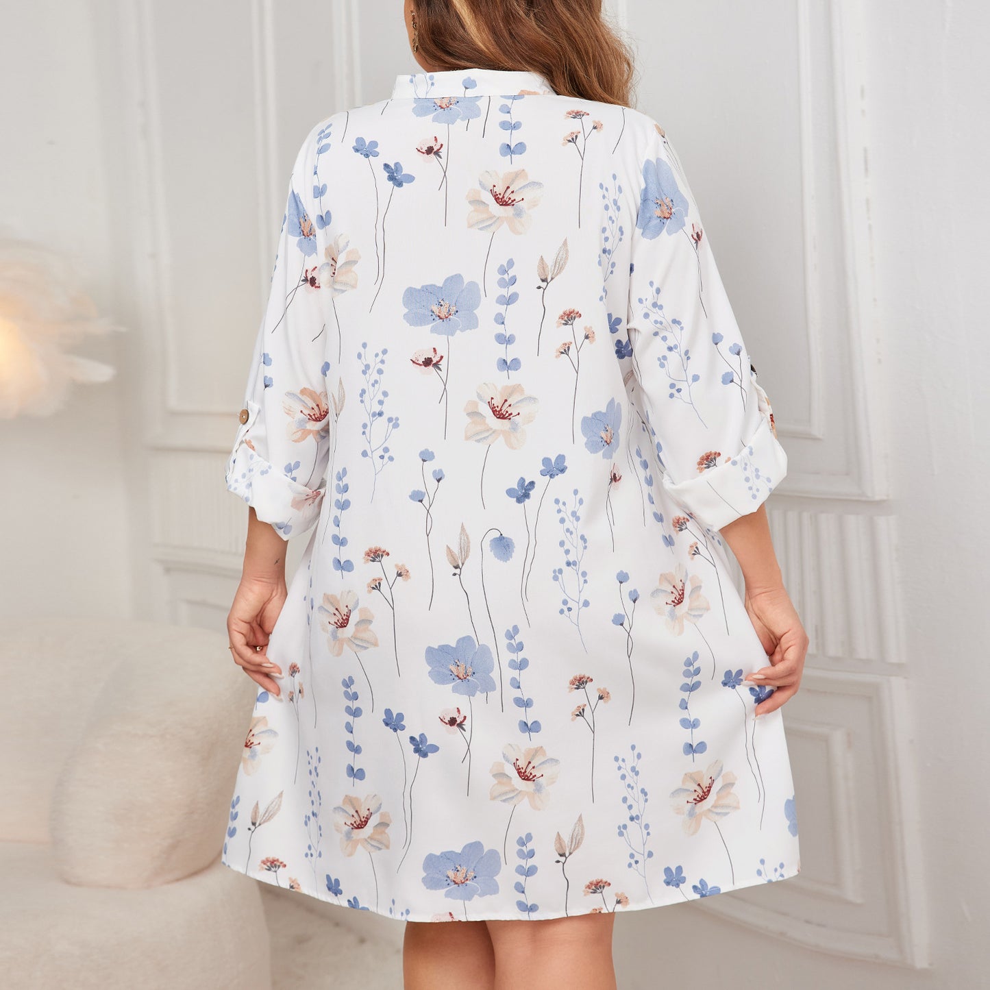 White Floral Print A-Line Dress Polyester Casual Dress