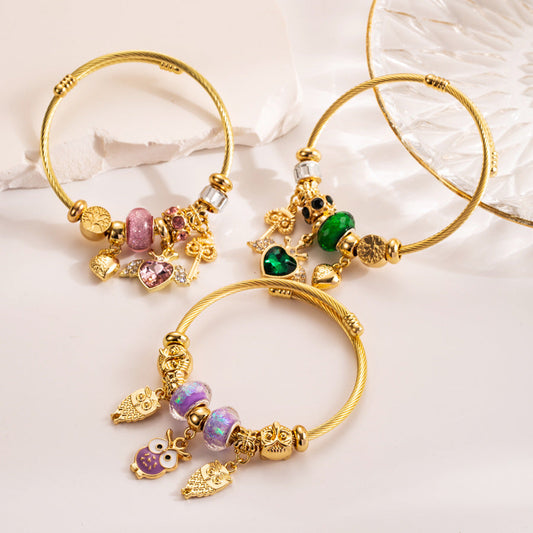 Diy Beaded Bracelet with Angel Wings Heart Pendant Adjustable Owl Charm for Women