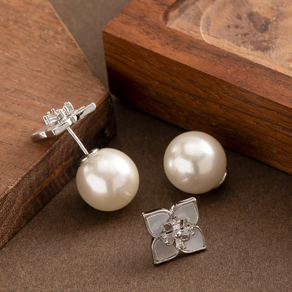 Delicate Shell Clover Pearl Earrings Elegant Silver Studs