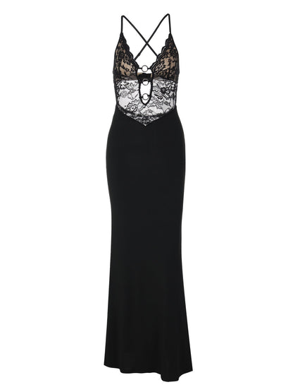 Sexy Lace-Trimmed Bodycon Dress with Deep V Neck