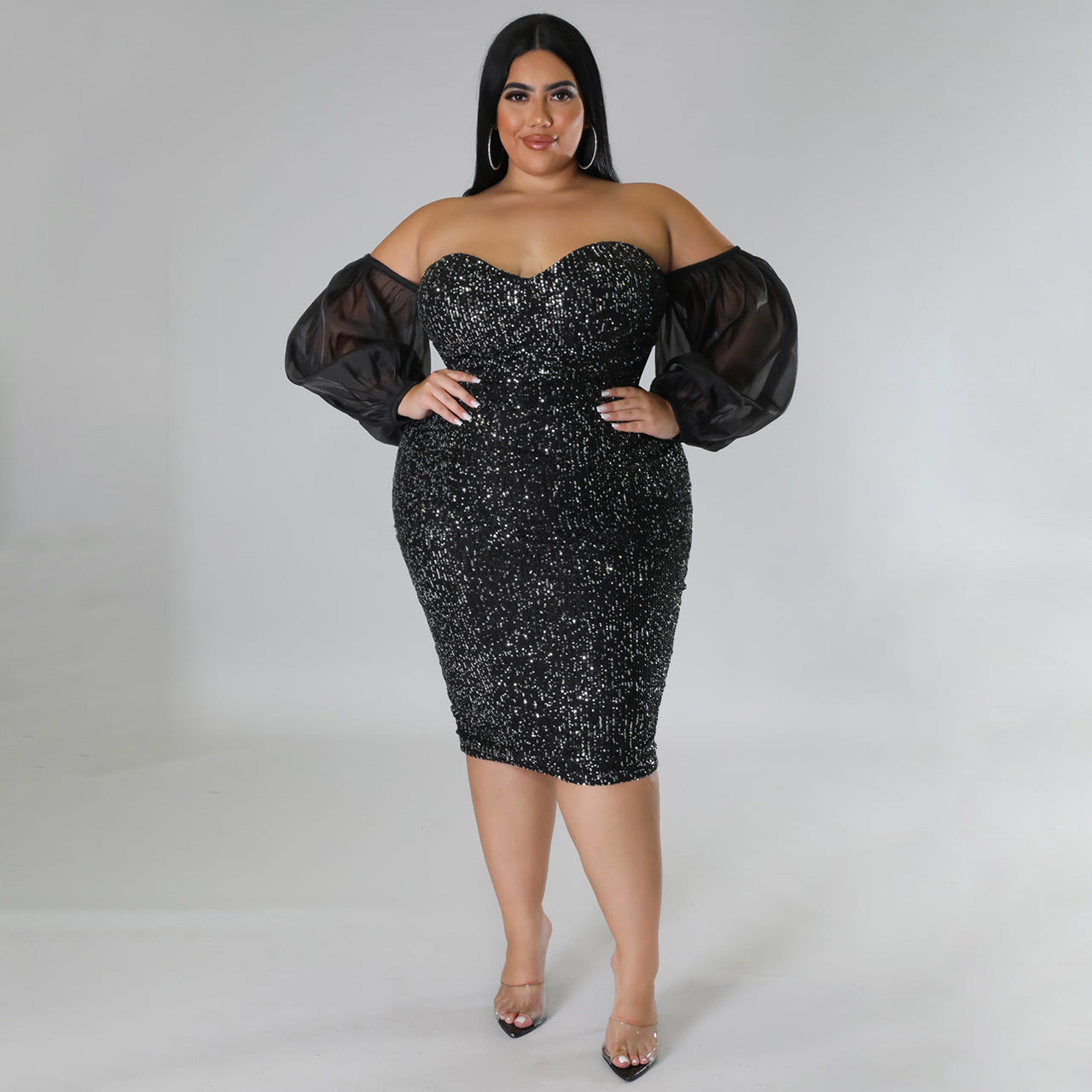 Sexy Sequin Bodycon Dress With Sheer Mesh