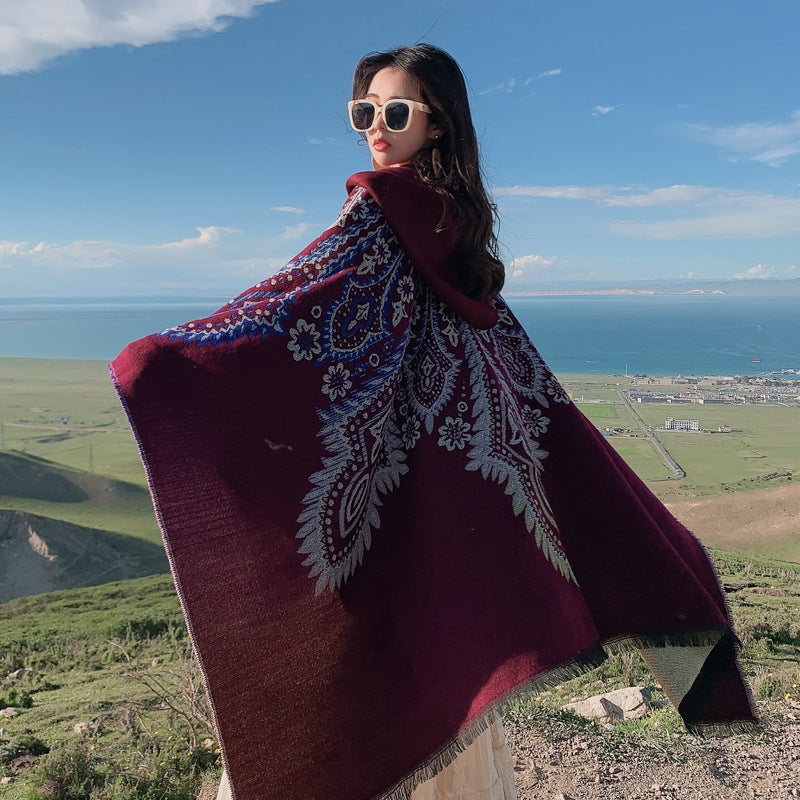 Autumn And Winter Hooded Shawl, National Style Dual-Purpose Warm Scarf