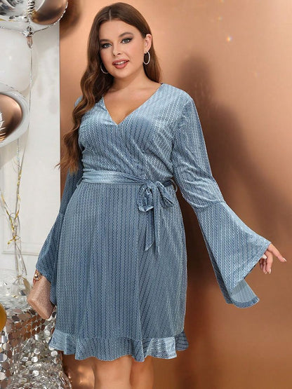 Plus Size V-Neck Flared Sleeve Dress Elegant Casual Short Dress