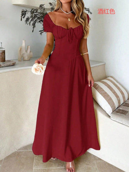 Elegant One-Shoulder Long Dress with Short Sleeves