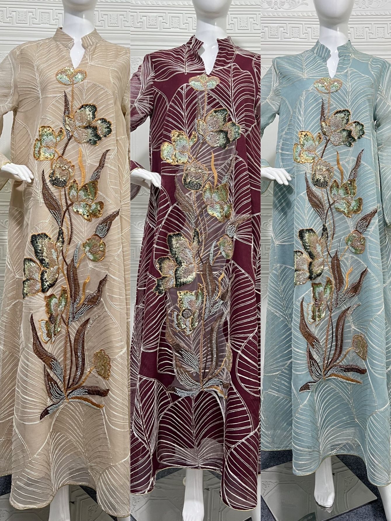 Embroidered Mesh Maxi Dress Elegant Muslim Abaya