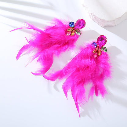 Feather Long Earrings with Rhinestones Stylish Geometry Design