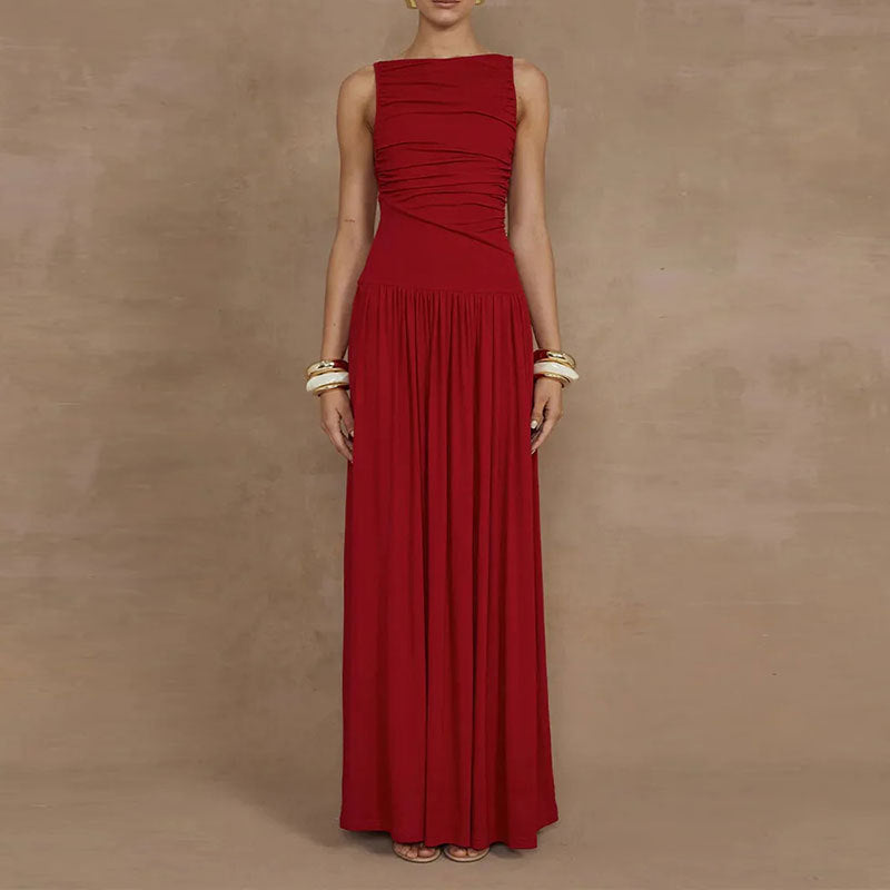 Elegant Solid Color Pleated Maxi Dress