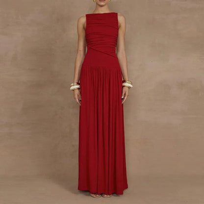 Elegant Solid Color Pleated Maxi Dress