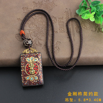Vintage Ebony Nepal Pendant Fortune Transfer Necklace Long Versatile Ethnic Style Peace Card Pendant Necklace