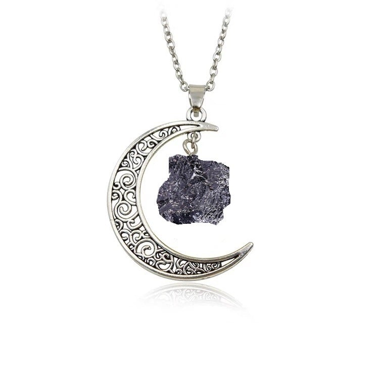 Natural Stone Crystal Necklace Vintage Moon Alloy Sweater Chain