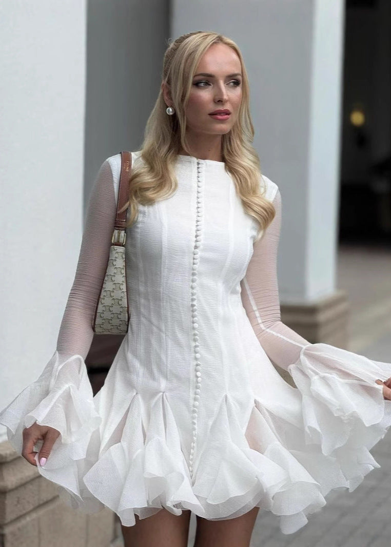 Sheer Sleeve Ruffle Mini Dress In Lightweight Fabric