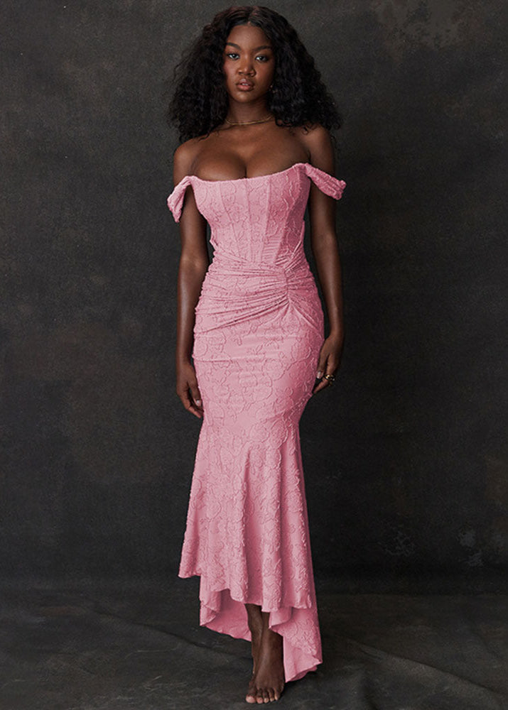 Off Shoulder Lace Mermaid Dress In Beige And Pink