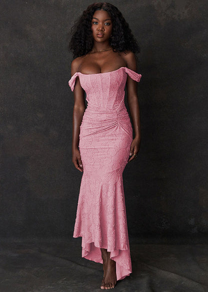 Off Shoulder Lace Mermaid Dress In Beige And Pink