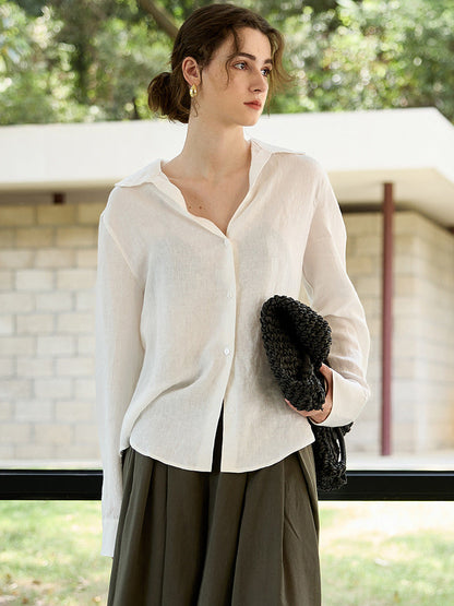High-Quality Linen Long Sleeve V-Neck Blouse for Women
