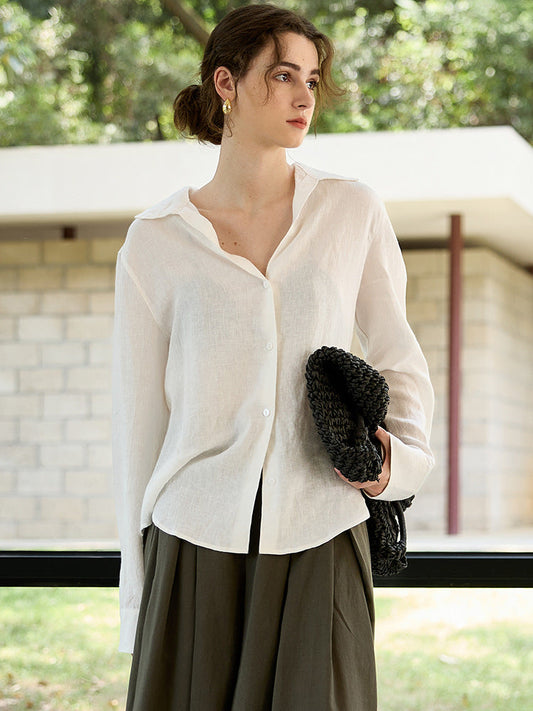 High-Quality Linen Long Sleeve V-Neck Blouse for Women