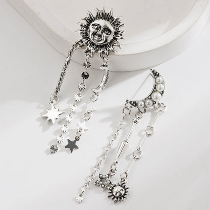 Vintage French Style Geometric Sunflower Moon Long Earrings