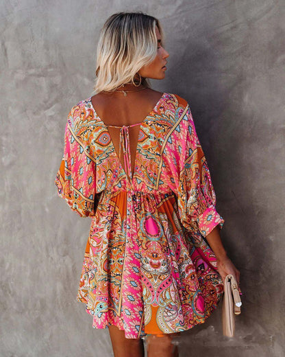Sexy V-Neck Waist Printed Bohemian Dress