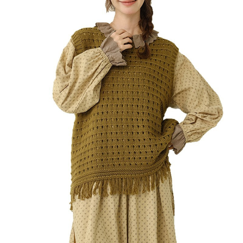Retro Artsy Women's Knitted Vest with Hollow Out and Fringe Details