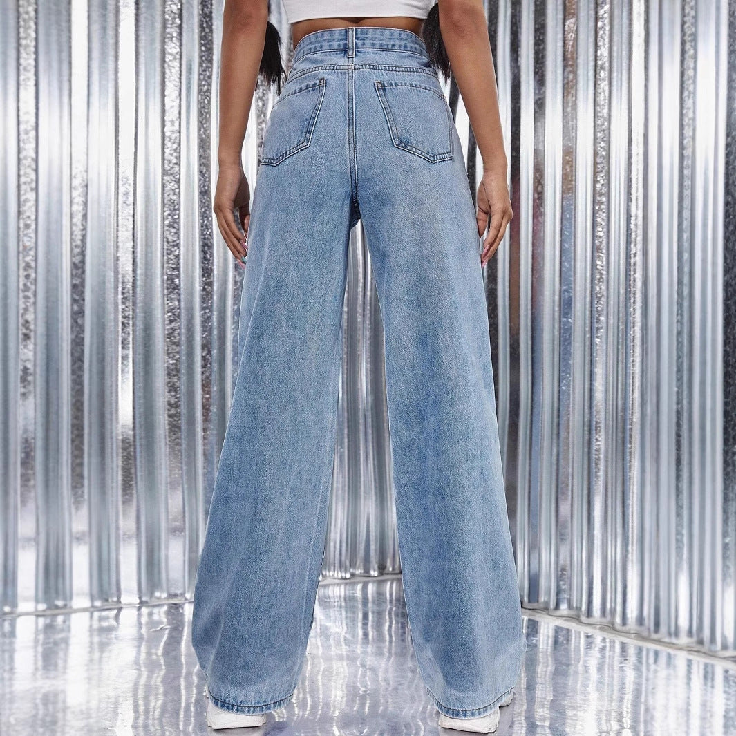 Casual Pearl High Waist Baggy Denim Pants