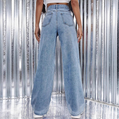 Casual Pearl High Waist Baggy Denim Pants