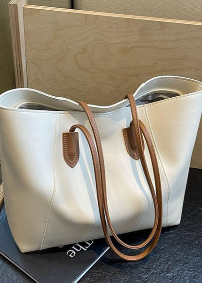 Two Tone PU Leather Tote Bag With Long Straps