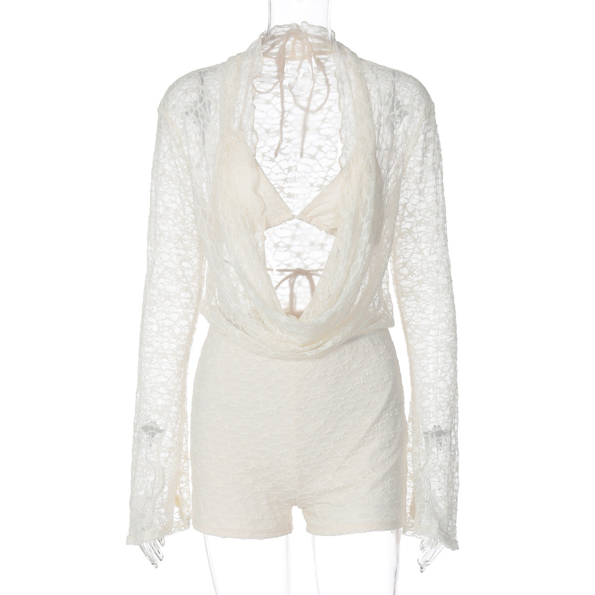 Sexy Hollow Plunging Neck Lace Long Sleeve Bodysuit Set