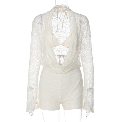 Sexy Hollow Plunging Neck Lace Long Sleeve Bodysuit Set