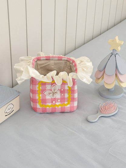 Colorful Grid Lace Laundry Basket Multi-Functional Storage Box