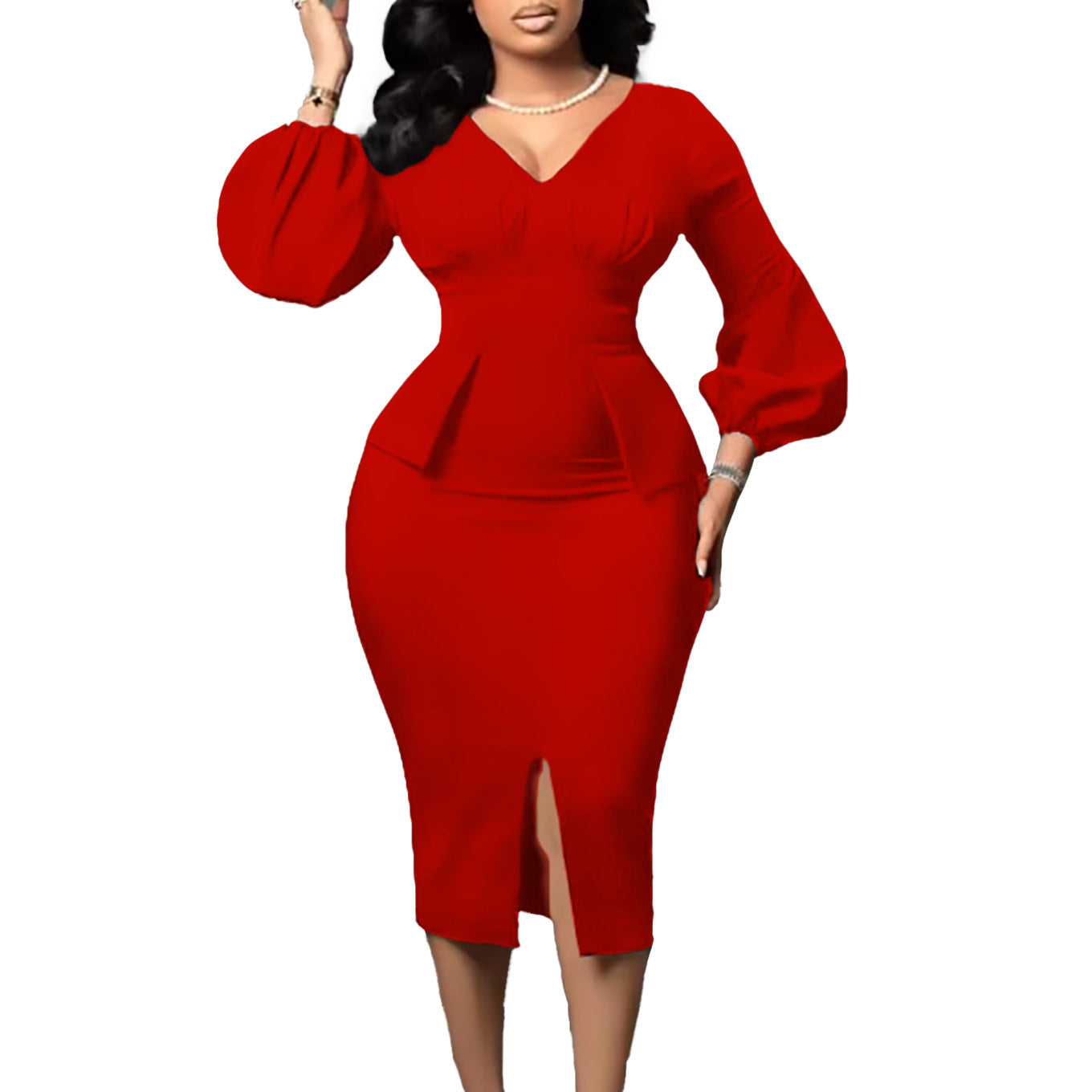 V-Neck Puff Sleeve High Waist Pencil Dress