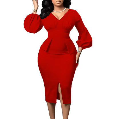 V-Neck Puff Sleeve High Waist Pencil Dress