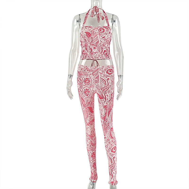 Trendy Abstract Print Bodycon Backless Jumpsuit Set