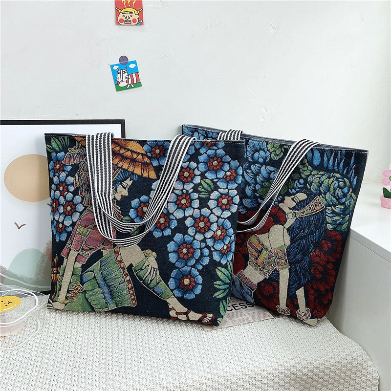 Fashionable Women’s Canvas Tote Bag Multi-Color Retro Style