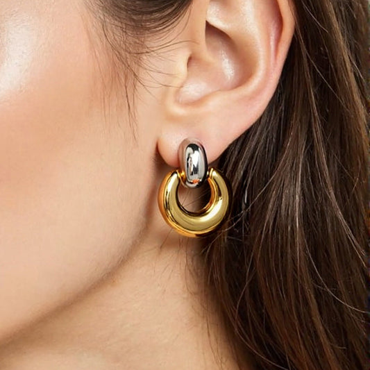 Geometric Circle Stainless Steel Earrings Gold Silver Contrast Style