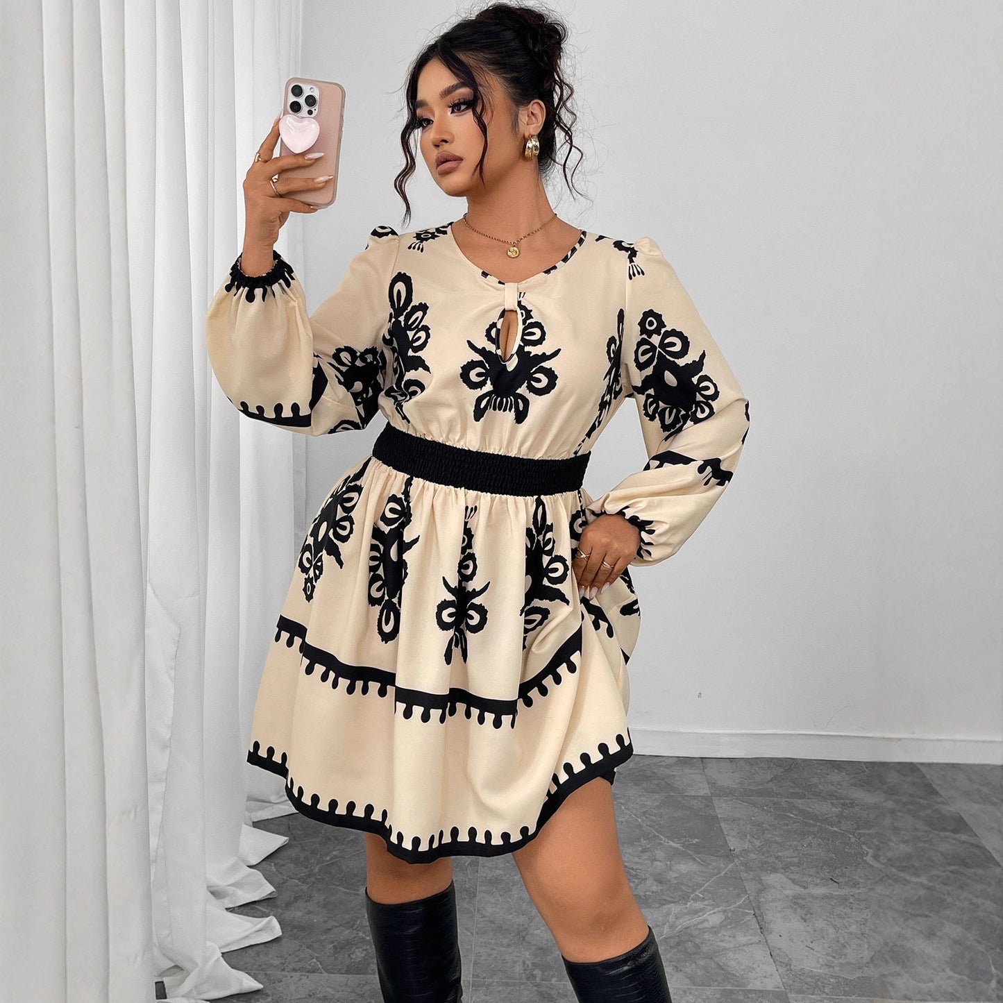 Elegant High Waist Long Sleeve Dress With Floral Print