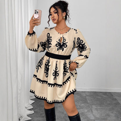Elegant High Waist Long Sleeve Dress With Floral Print