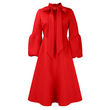 Elegant High-Waisted Dress With Puff Sleeves And Flared Skirt