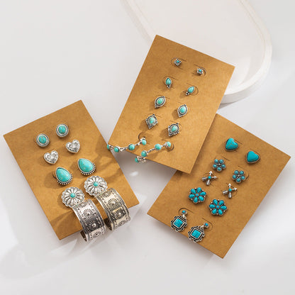 Bohemian Vintage Turquoise Earrings Set - Flower Heart Geometric Design